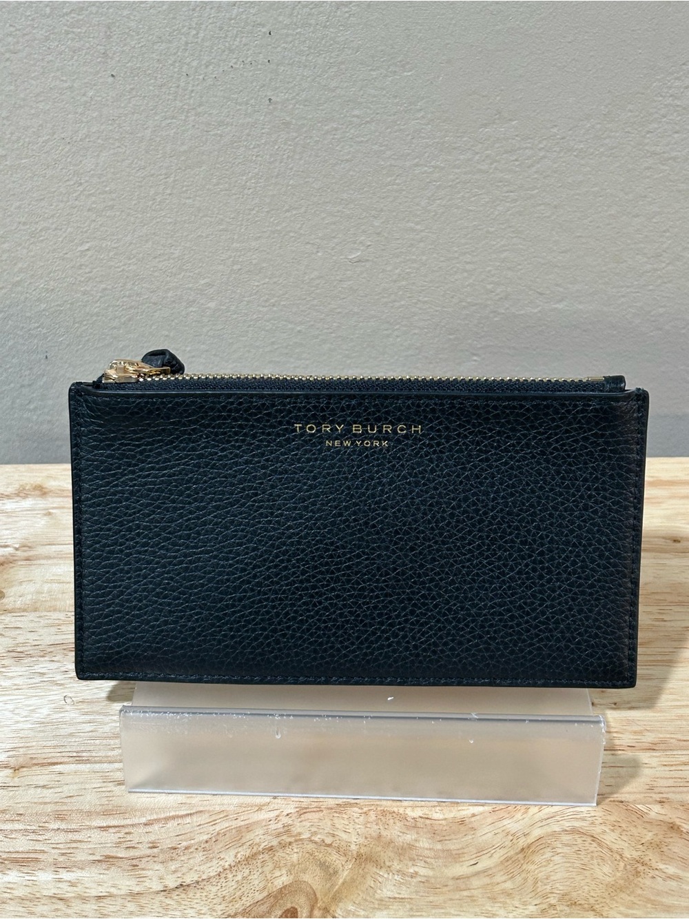 Tory Burch Black Pebbled Leather Zip Card Case Wallet with Gold Hardware